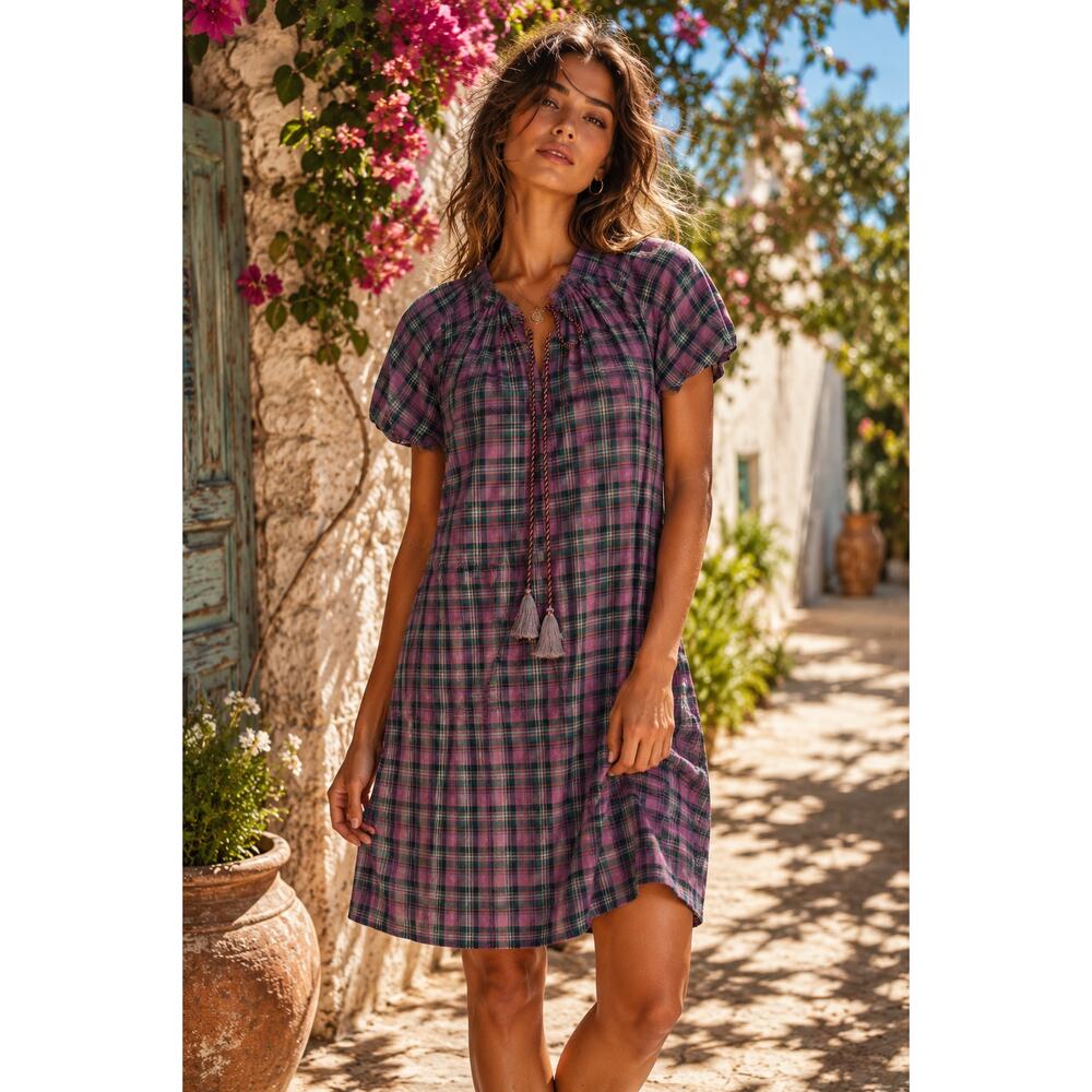 MEGAN PARK Dress NEW Oversized Small Cotton Boho Folk Indie Plaid Pink Green